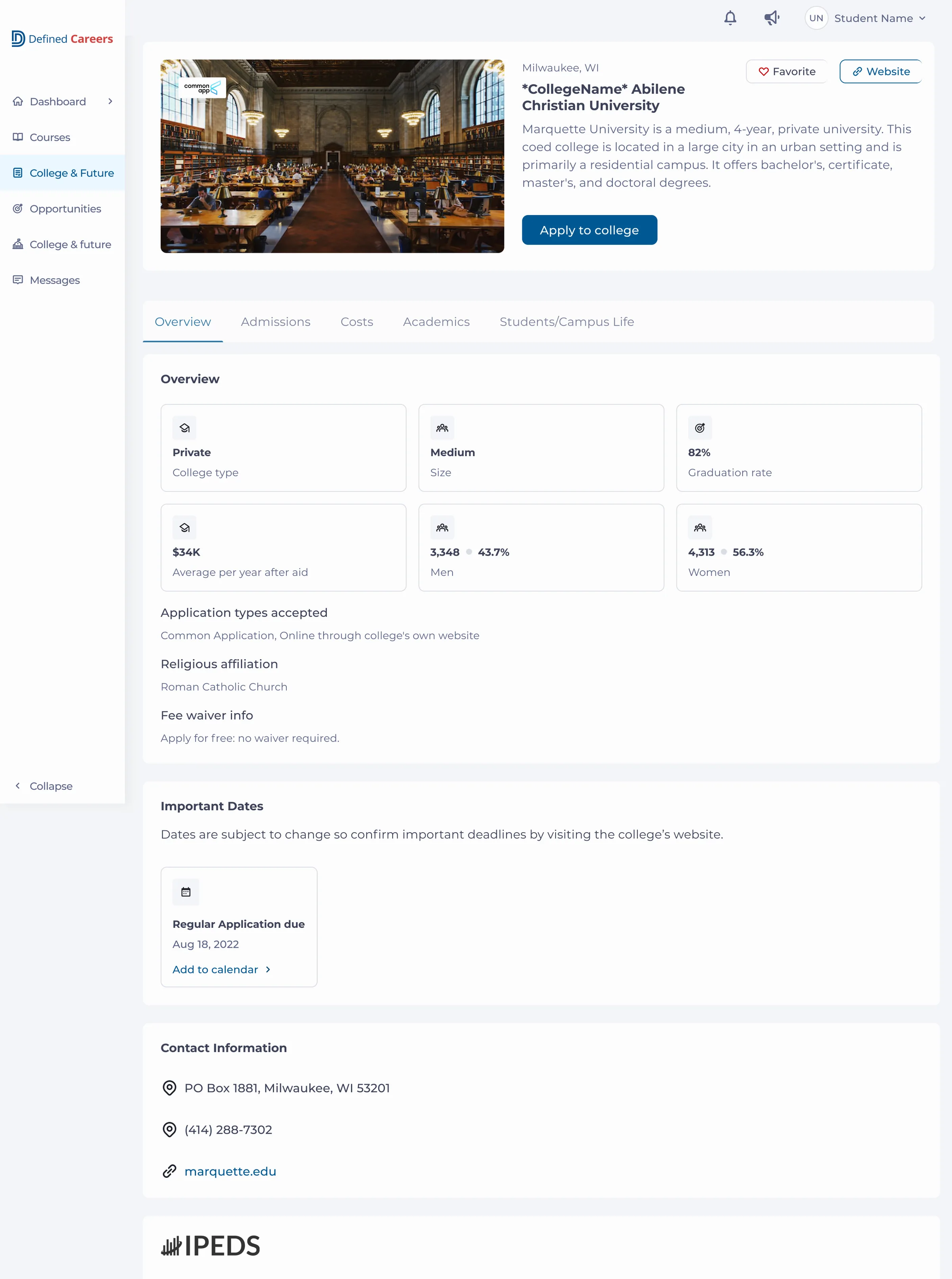 Defined Careers college page