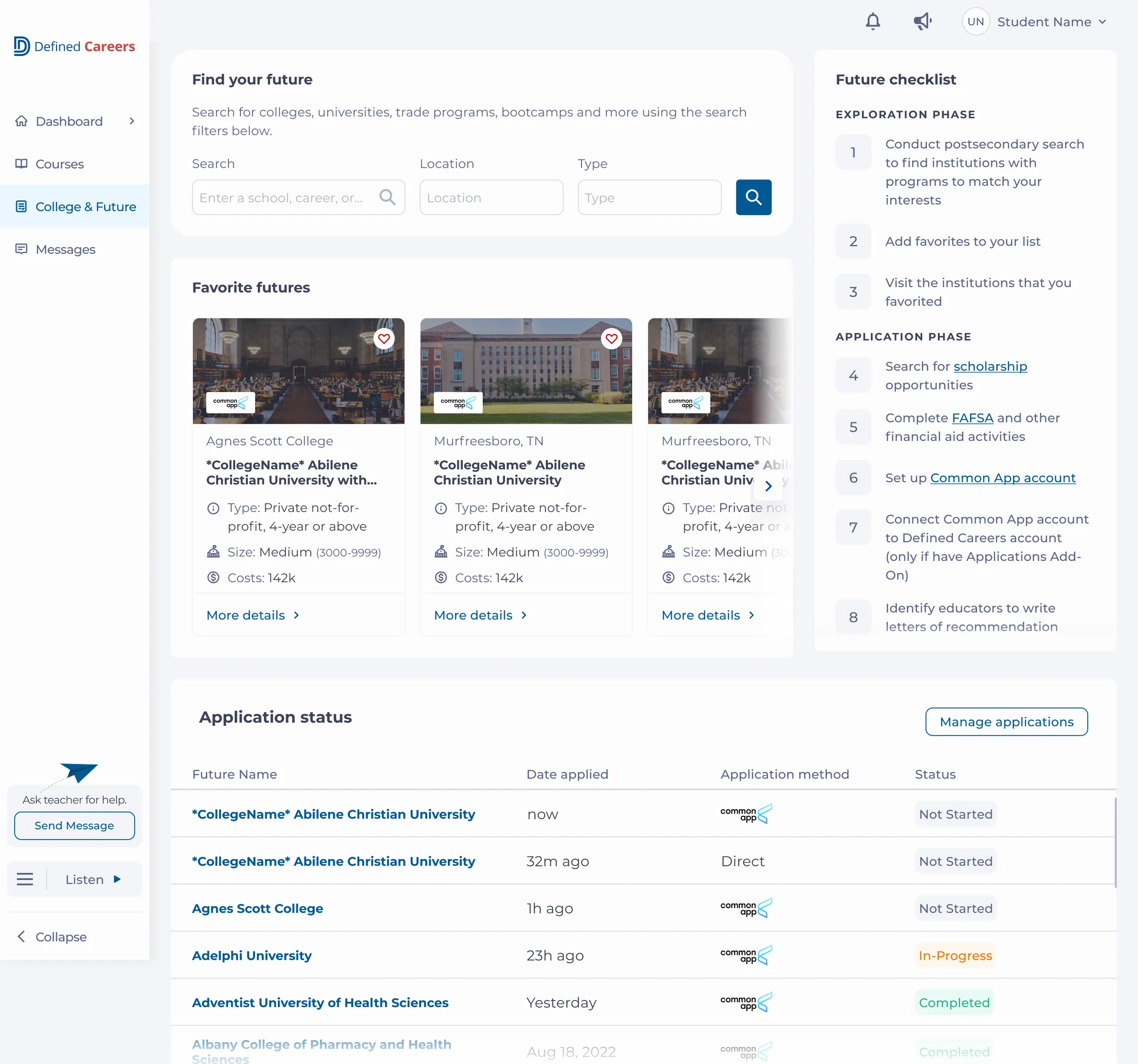 Defined Careers, post-secondary dashboard