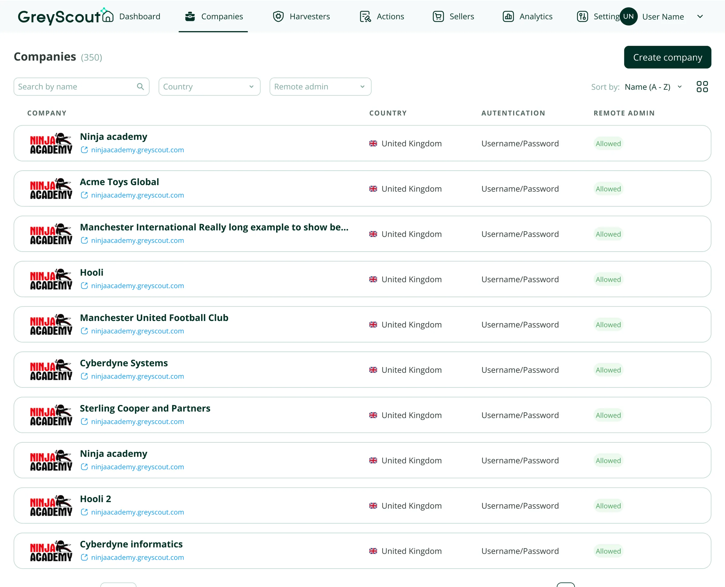 GreyScout companies grid